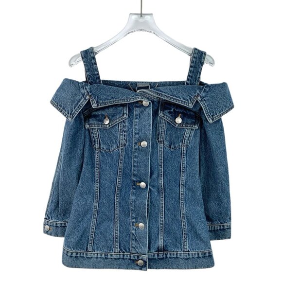 Alexander McQueen Blue Strapless Off-Shoulder Cotton Denim Jacket